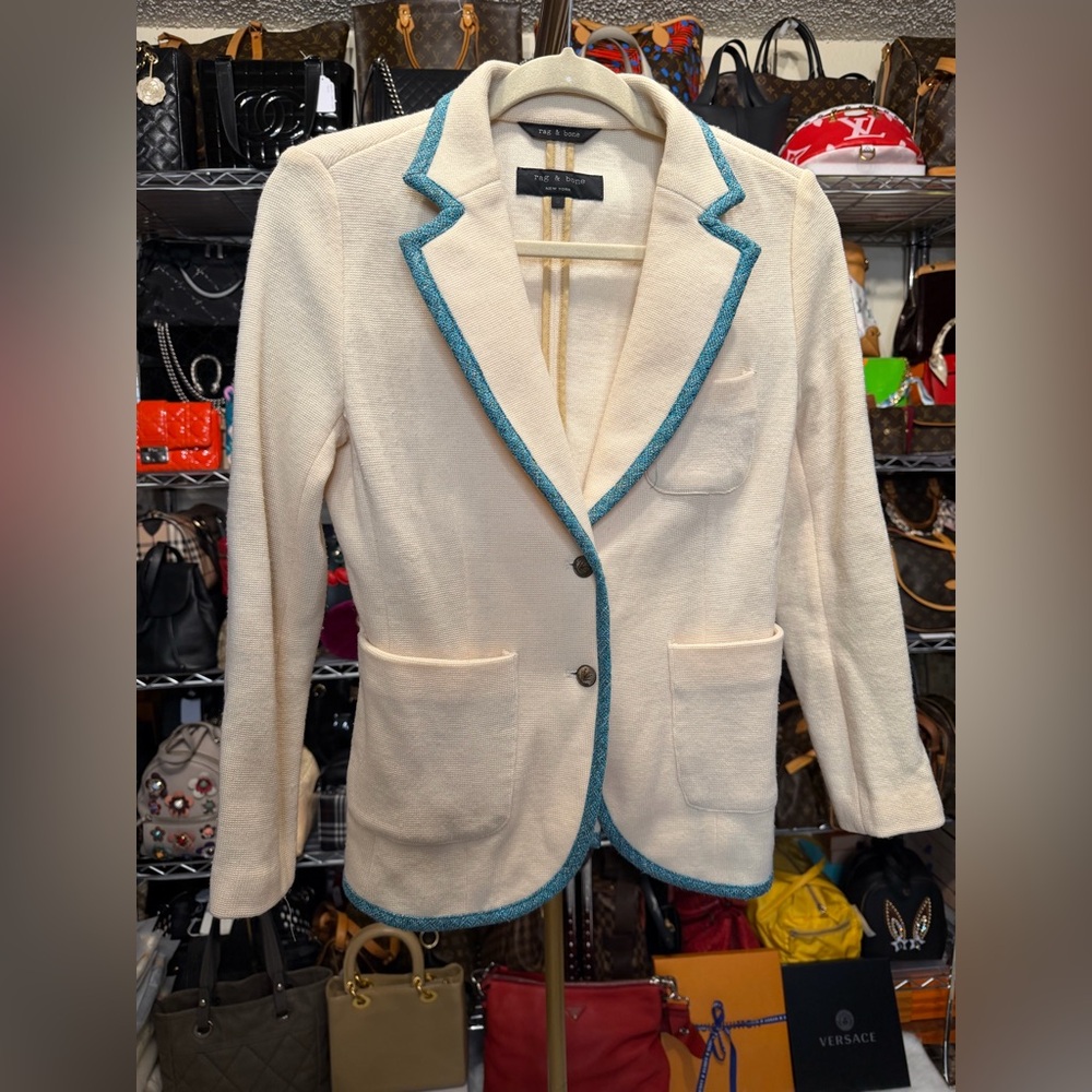 Pre-love Rag & Bone Ivory Blazer Jacket w/ Turquoise Tweed Trim